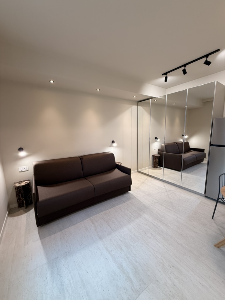 Monolocale Verde: sofa in daytime use beside the mirrored wardrobe